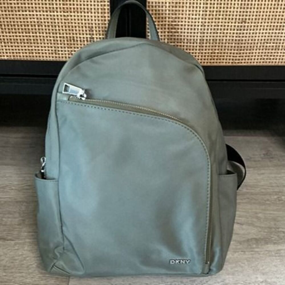 DKNY Olive Green Nylon Small Backpack Purse Tablet Sleeve Zip Pockets Travel